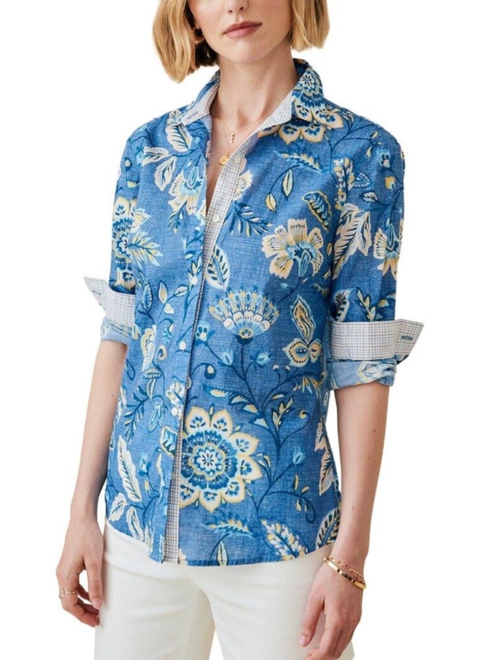 J.McLaughlin Women's Blue Lois Floral Blouse Cotton Shirt Large